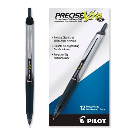 Pilot Precise V10RT Retractable Roller Ball Pen, Bold 1 Mm, Black Ink/Barrel, Dozen